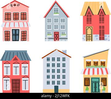 Cartoon City Street edifici. Architettura della città vecchia con case colorate, negozi al dettaglio e caffè esterno. Facciata degli appartamenti Illustrazione Vettoriale