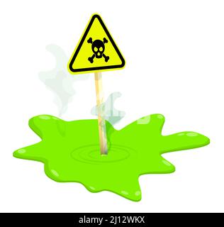 Simbolo triangolare di pericolo chimico nella pozzanghera di rifiuti tossici. Problema di stoccaggio e smaltimento di sostanze pericolose. Vettore cartoon isolato su ba bianca Illustrazione Vettoriale