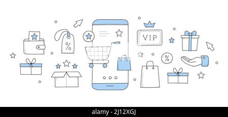 Il programma fedeltà premia il concetto di doodle con carrello per lo shopping sullo schermo dello smartphone. Applicazione mobile per clienti vip, confezione regalo, mano, segno di percentuale, cedola star, Illustrazione vettoriale di Box Line art Illustrazione Vettoriale