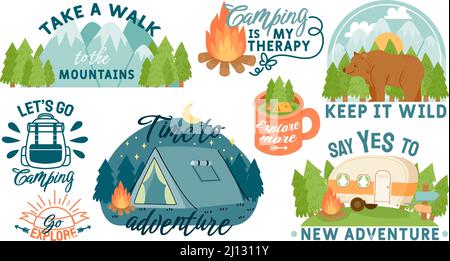 Campeggio, escursioni e avventura all'aperto citazioni e elementi motivazione. Slogan di viaggio con montagne, foresta, tenda e campfire vettore set Illustrazione Vettoriale