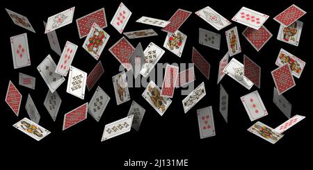 Carte da gioco di poker in caduta, sfondo vincitore del casinò. Realistico 3D carte di volo mazzo, burlone, re, regina e asso. Blackjack concetto vettoriale Illustrazione Vettoriale