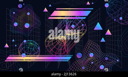 Sfondo neo futuristico astratto con 3D griglie e forme. Neon wireframe grafica retrò cyber design. banner vettoriale per la tecnologia dei giochi 90s Illustrazione Vettoriale