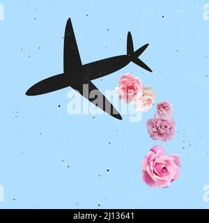 Collage d'arte Contemporray. Aereo nero che vola su sfondo blu con fiori rosa che cadono Foto Stock
