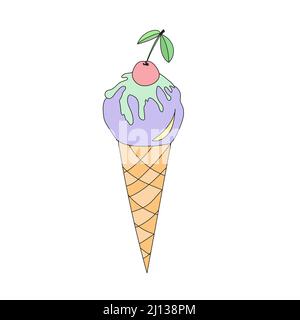 Cono gelato con ciliegia. Illustrazione vettoriale in stile doodle. Illustrazione Vettoriale