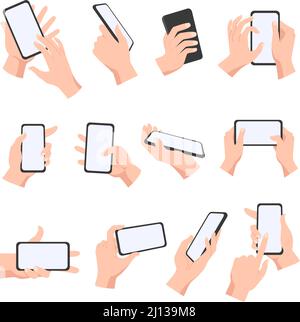 Le mani di fumetto femmina o maschio tengono gli smartphone con schermi vuoti. Concetto di telefono per applicazioni mobili, video, social network e set vettoriale di giochi Illustrazione Vettoriale