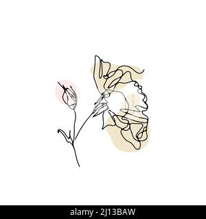 Una linea di disegno rosa. Fiore a linea singola disegnato a mano con forme astratte neutre Illustrazione Vettoriale