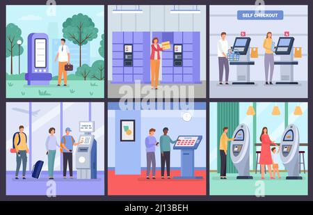 La gente usa il terminale self-service per acquistare i biglietti all'aeroporto e al cinema. Stand informazioni sul parco, chiosco per gli ordini dei caffè e set vettoriale per il check-out dei negozi Illustrazione Vettoriale