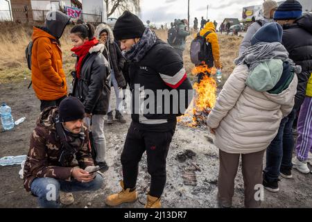 Arrivo dei rifugiati della PUC dall'Ucraina al valico di frontiera polacco-ucraino a Medyka. Le persone senza passaporto ucraino sono state trattate separatamente. In lunghe code e freddo amaro, hanno dovuto attendere giorni per entrare in Polonia. Sul lato polacco, tuttavia, il loro viaggio in avanti è stato ritardato da autobus verso grandi siti o rifugi collettivi. Foto Stock