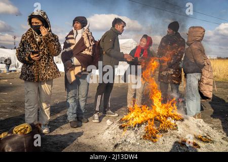 Arrivo dei rifugiati della PUC dall'Ucraina al valico di frontiera polacco-ucraino a Medyka. Le persone senza passaporto ucraino sono state trattate separatamente. In lunghe code e freddo amaro, hanno dovuto attendere giorni per entrare in Polonia. Sul lato polacco, tuttavia, il loro viaggio in avanti è stato ritardato da autobus verso grandi siti o rifugi collettivi. Foto Stock