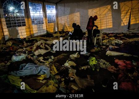 Arrivo dei rifugiati della PUC dall'Ucraina al valico di frontiera polacco-ucraino a Medyka. Le persone senza passaporto ucraino sono state trattate separatamente. In lunghe code e freddo amaro, hanno dovuto attendere giorni per entrare in Polonia. Sul lato polacco, tuttavia, il loro viaggio in avanti è stato ritardato da autobus verso grandi siti o rifugi collettivi. Foto Stock