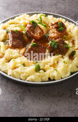 Tradizionale vitello greco Sofrito direttamente dall'isola di Corfù servito con purè di patate a spiccio nel piatto sul tavolo. Verticale Foto Stock