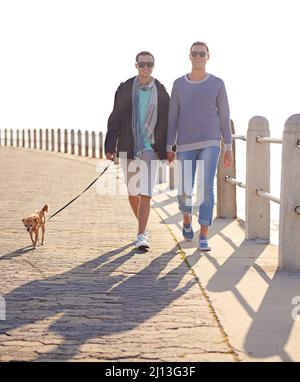 Passeggiata sul mare con la nostra piccola principessa. Scatto di una giovane coppia gay godendo una passeggiata sul lungomare con il loro cane. Foto Stock