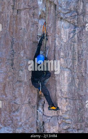 Un arrampicatore sportivo su una scalata mista, utilizzando assi di ghiaccio e ramponi per scalare una parete di roccia nel Parco di ghiaccio di Ouray in Colorado. La sezione di roccia è circondata Foto Stock