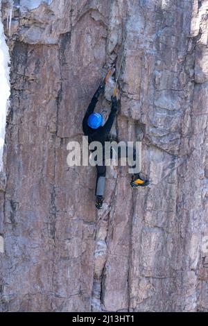 Un arrampicatore sportivo su una scalata mista, utilizzando assi di ghiaccio e ramponi per scalare una parete di roccia nel Parco di ghiaccio di Ouray in Colorado. La sezione di roccia è circondata Foto Stock