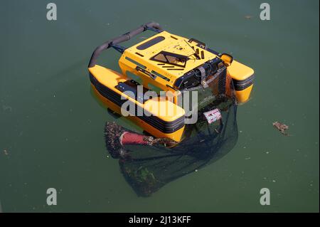 Magonza, Germania. 22nd Mar 2022. Il Jellyfishbot della società di robotica Iadys dalla Francia raccoglie rifiuti nel bacino del porto durante un evento stampa al Marina Zollhafen. Il robot di pulizia autonomo può raccogliere rifiuti, ma anche alghe e oli dall'acqua. Credit: Sebastian Gollnow/dpa/Alamy Live News Foto Stock