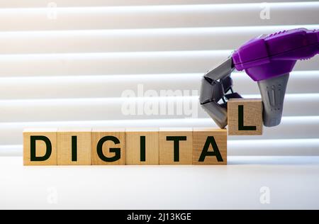 Parola di detox digitale scritta sul blocco di legno. Digital Detox testo su tabella, concetto Foto Stock