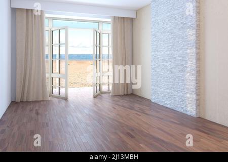 Hotel con Vista Mare. Camera vuota con finestre aperte che si affacciano sull'oceano, sabbia gialla e le nuvole. Parquet scuro, tende beige e una parete in stucco beige con mattoni. 3D rendering, 8K Ultra HD Foto Stock