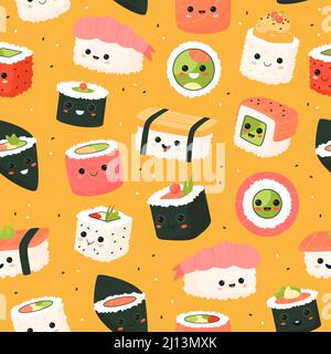 Carino sushi rotoli senza cuciture. Fumetti divertenti personaggi degli alimenti, piccoli pezzi yummy con facce kawaii, riso giapponese, sfondo giallo. Decorazione tessile Illustrazione Vettoriale