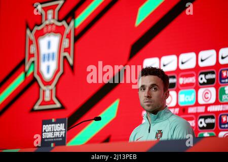 Oeiras, Portogallo. 22nd Mar 2022. Diogo Jota, in Portogallo, partecipa a una conferenza stampa al campo di allenamento Cidade do Futebol di Oeiras, in Portogallo, il 22 marzo 2022, in vista della partita di calcio di qualificazione della Coppa del mondo 2022 contro la Turchia. (Credit Image: © Pedro Fiuza/ZUMA Press Wire) Foto Stock