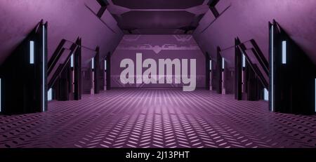 Outerspace Club futuristico corridoio interno Spaceship calcestruzzo solido metallico Dim Viola colori futuristici sfondo surreale futuro 3D rendering Foto Stock