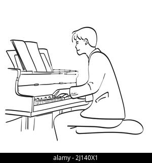 line art man che suona grande piano illustrazione vettore disegnato a mano isolato su sfondo bianco. Illustrazione Vettoriale