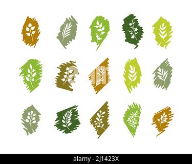 Contorni di foglie, ramoscelli, erbe su sfondi realizzati con tratti di pennarello. Simboli organici, naturali, ecologici. Collezione di elementi decorativi abbozzati Illustrazione Vettoriale