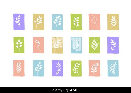 Silhouette di foglie, ramoscelli, erbe, piante su sfondi colorati. Tag ecologici organici, naturali. Insieme di elementi di disegno schizzabili Illustrazione Vettoriale