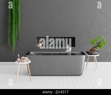 Interni dal design moderno con bagno con parete in cemento e ornamentale green plants 3d rendering illustrazione 3d Foto Stock