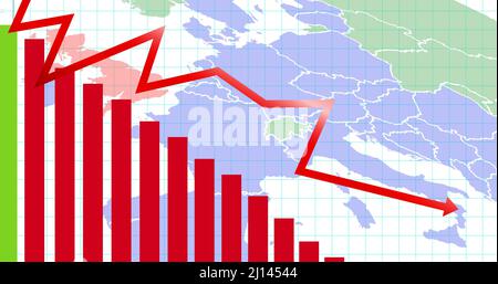 Immagine composita digitale del grafico di puntamento discendente su barre rosse sulla mappa europea Foto Stock