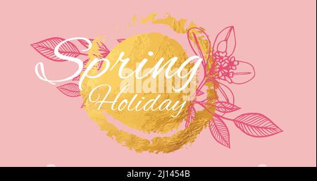 Immagine generata digitalmente del testo di festa di primavera sopra il motivo astratto dell'oro su sfondo rosa Foto Stock