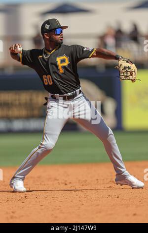 Port Charlotte, Florida USA: L'interbase dei Pittsburgh Pirates Liover Peguero (60) viene lanciato per primo durante una partita di baseball di allenamento primaverile contro i Tampa Bay Foto Stock