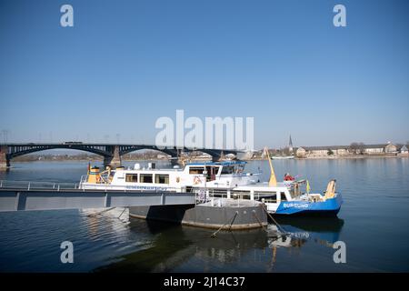 Magonza, Germania. 22nd Mar 2022. La nave di misurazione e di indagine MS Borgogna è ormeggiata sulle rive del Reno. La nave esamina la qualità dell'acqua sul Reno, da cui viene alimentata anche l'acqua potabile. Credit: Sebastian Gollnow/dpa/Alamy Live News Foto Stock