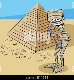 Illustrazione cartoon di divertente personaggio mummy e piramide nel deserto Illustrazione Vettoriale