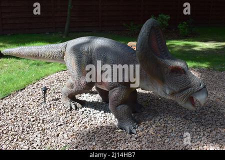 DINO PARK, KHARKOV - 8 AGOSTO 2021: Vista di un giorno della bellissima scultura di Dinosauri nel parco. Statua a grandezza naturale delle protoceratops nella foresta. Th Foto Stock