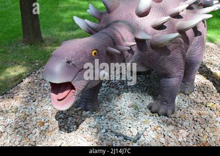 DINO PARK, KHARKOV - 8 AGOSTO 2021: Vista di un giorno della bellissima scultura di Dinosauri nel parco. Ankylosaurus, rettile preistorico, nel Parco dei Dinosauri Foto Stock