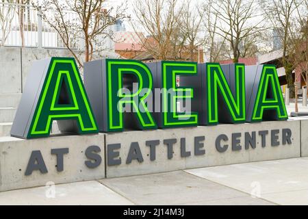 Seattle - 20 marzo 2022; Arena al Seattle Center Sign alla Climate Pendm Arena Foto Stock
