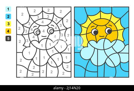 Colore per numeri sole e tude. Gioco di puzzle per l'educazione dei bambini, colori per il disegno e l'apprendimento della matematica Illustrazione Vettoriale