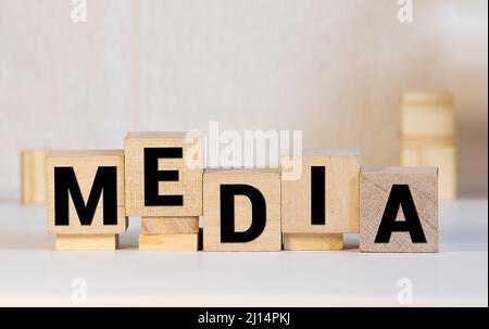 word media scritto in legno vintage tipo di stampa letterale, graffiato e macchiato, isolato su bianco Foto Stock