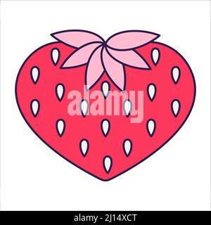 Retro San Valentino icona fragola di forma cuore. Simbolo d'amore nello stile d'arte alla moda pop line. I cuori di bacca dolce sono rosa molle, rosso e. Illustrazione Vettoriale