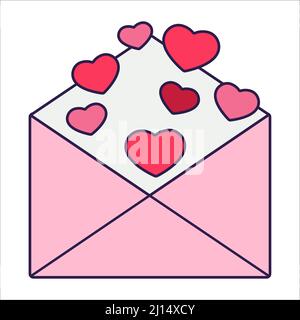 Retro San Valentino icona busta aperta con cuori. Simbolo d'amore nello stile d'arte alla moda pop line. La lettera carina è in rosa tenue, rosso e corallo Illustrazione Vettoriale