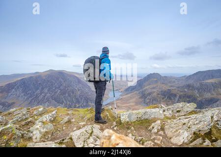 Vista posteriore di uomo isolato in tempo umido marcia escursioni montagne nel Parco Nazionale Snowdonia, Galles del Nord, Regno Unito, guardando il paesaggio dietro. Foto Stock