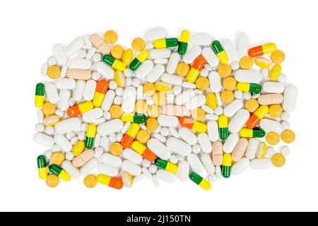 Selezione di pillole e compresse multicolore su sfondo bianco puro Foto Stock