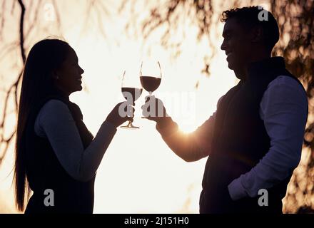 Heres a voi l'amore della mia vita. Scatto di una giovane coppia godendo un bicchiere di vino durante il campeggio. Foto Stock
