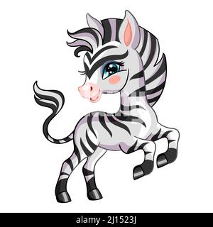 Divertente personaggio sorridente zebra. Animale africano carino in stile cartone animato. Illustrazione vettoriale isolata su sfondo bianco. Per schede, poster, design, adesivi Illustrazione Vettoriale