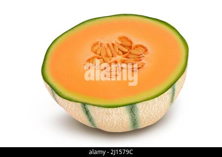 Melone cantalupo isolato su sfondo bianco con percorso di taglio e profondità di campo piena, Foto Stock