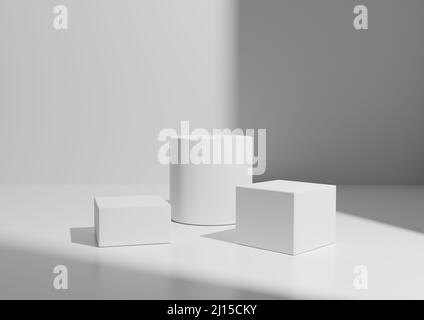 Semplice colore bianco minimo o grigio chiaro a tre podium o composizione del supporto per la visualizzazione del prodotto. Forma geometrica 3D rendering dello sfondo con luce finestra da Foto Stock