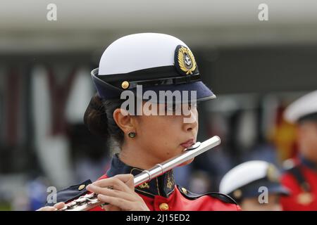 Banda militare che suona strumenti e musica del vento, marciando in cerimonia di laurea presso la Navy School, truppe del corpo marino. Foto Stock