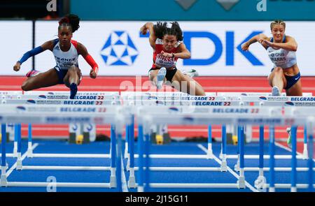 Belgrado, Serbia, 19th marzo 2022. Ditaji Kambundji di Svizzera, Cyena Samba-Mayela di Francia, Megan Marris di Gran Bretagna competono durante i Campionati mondiali di atletica indoor Belgrado 2022 - Conferenza stampa a Belgrado, Serbia. Marzo 19, 2022. Credit: Nikola Krstic/Alamy Foto Stock