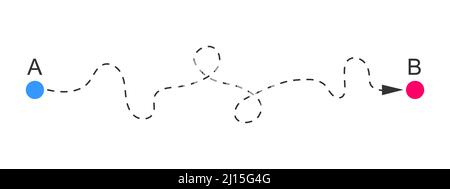 Linea tratteggiata curva da A a B punti di inizio e fine e freccia di direzione. Modo difficile, percorso caos, percorso difficile simbolo isolato su sfondo bianco. Illustrazione grafica vettoriale Illustrazione Vettoriale