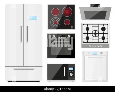 Apparecchio da cucina, ampio set di piatti per la conservazione della cucina. Frigorifero stufa elettrica forno a induzione microonde cappa lavastoviglie cottura rapida raffreddamento automatico riscaldamento cibo promo techstore isolato Illustrazione Vettoriale